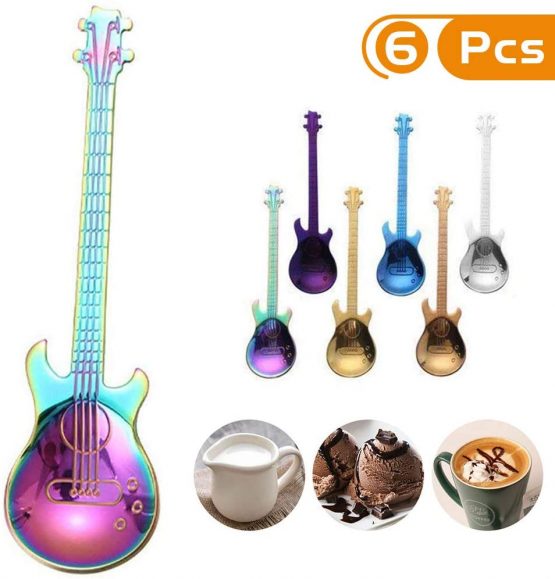 Coffee Spoons Set 6pcs, KANOSON Novelty Stainless Steel Guitar Latte/Espresso/Sundae/Ice Cream Spoons Metal Tea Spoons, Colorful Small Dessert Spoons Teaspoons Housewarming Gift for Coffee Lovers