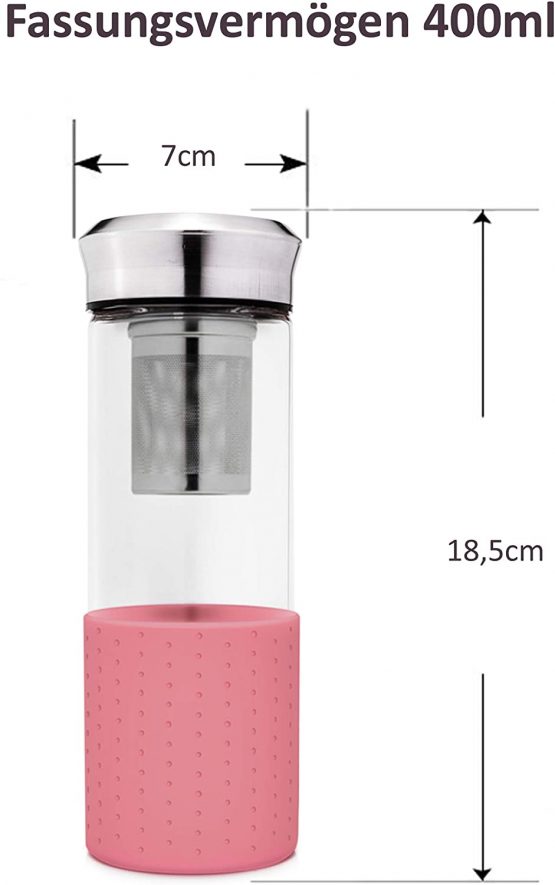 Creano"Teamaker" - Tea Bottle to go from Glass with Strainer for Loose Tea - 400ml (Pink) - Image 2