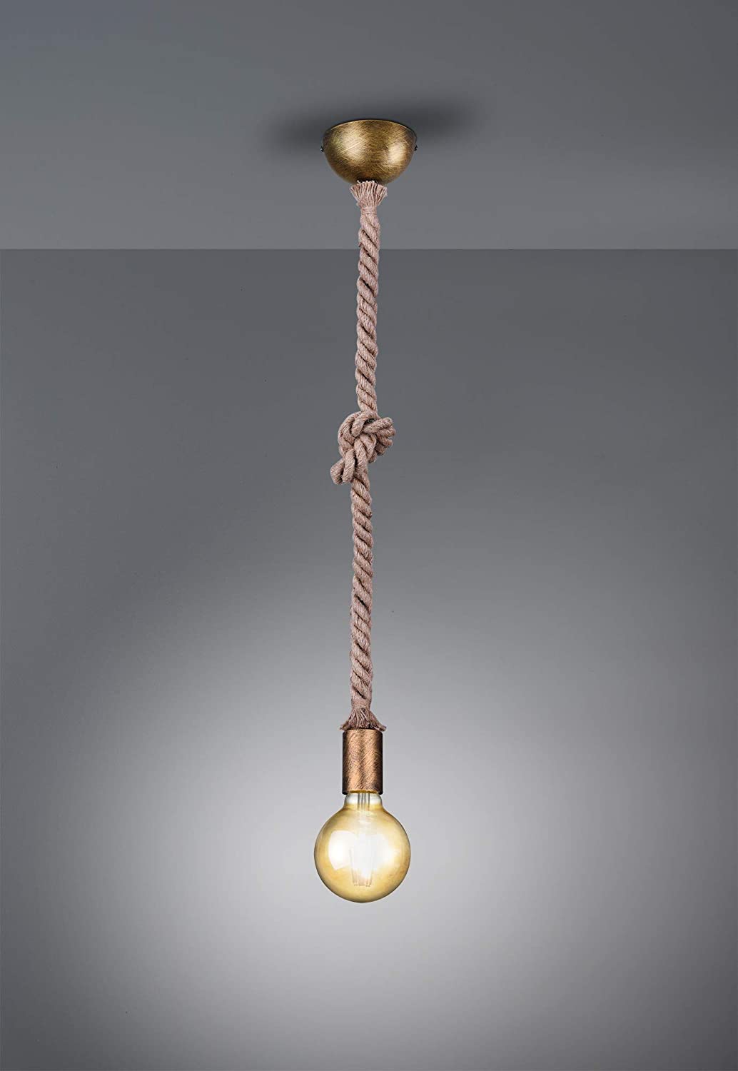 Trio Leuchten Rope 310100104 Pendant Light Antique Brass Metal/Linen Suspension 1 x E27, Old Brass - Image 2