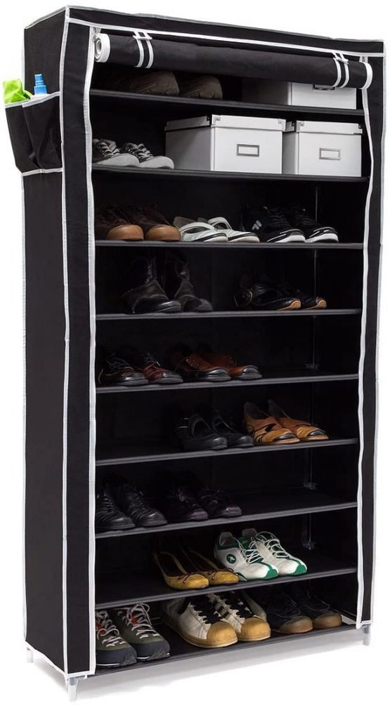 Relaxdays VALENTIN Shoe Rack Storage Unit, 161 x 88 x 30 cm, with Fabric Cover, 10 Shoe Shelves with Zipper, 45 Pairs of Shoes, Black