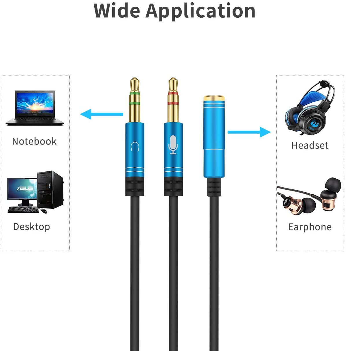 DnGeky Headphone Splitter For Computer 3.5mm Female to 2 Dual 3.5mm Male Headphone Mic Audio Y Splitter Cable Smartphone Headset to PC Adapter (Blue) - Image 2