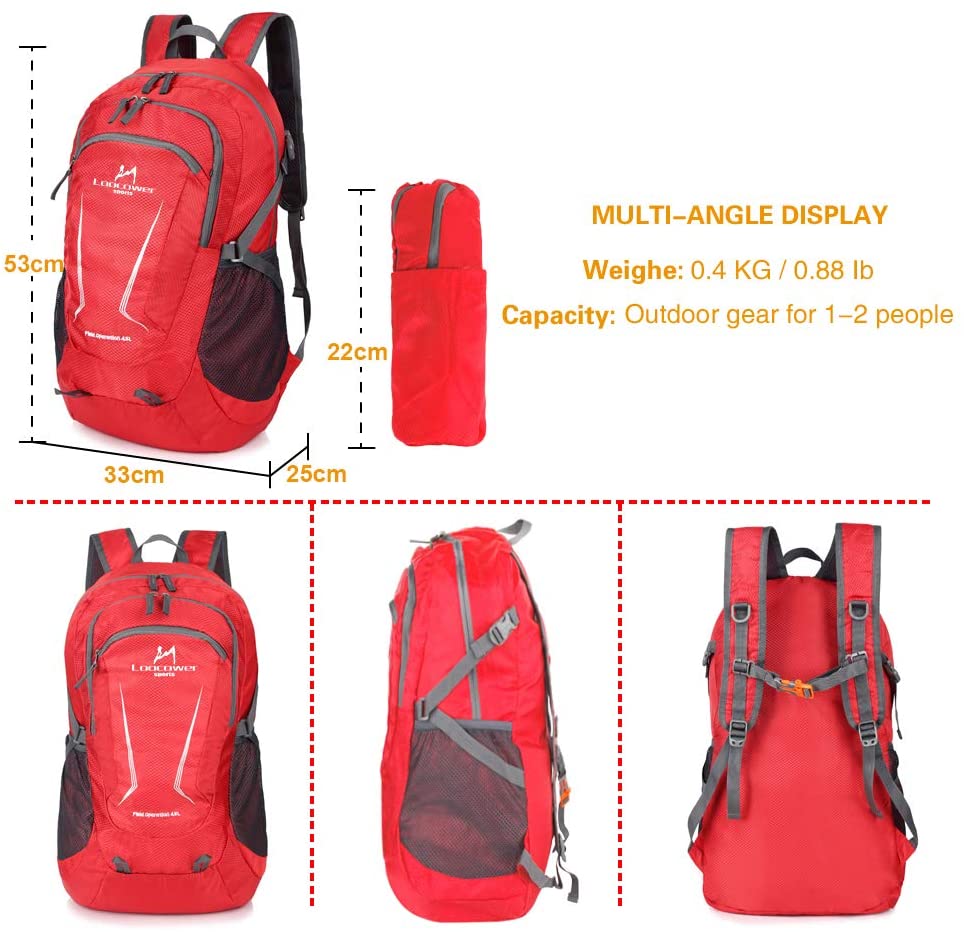 Loocower 45L Ultra Lightweight Foldable Backpack Hiking Daypack Walking Rucksack Water Resistant Packable Camping Mountaineer Outdoor Sport Knapsack for Men Women-Red - Image 2