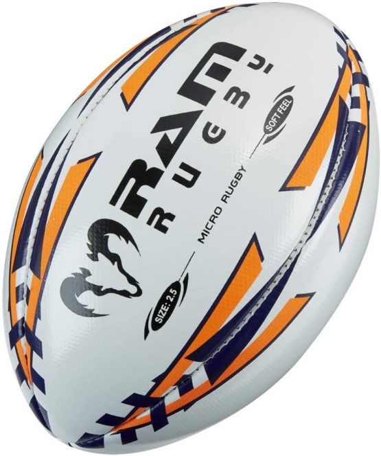 Ram Rugby Ball | Micro Softfeel Rugby Ball | Size 2.5 | Perfect Starter Ball | Suitable For Children Ages 2-5 | Colour: Navy/Fluoro Orange