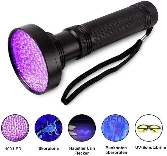 UV Light Torch Black Light 100 LED,Ultraviolet Lamp Flashlight with UV Protection Glasses,395nm Led UV Flashlight,Blacklight Torch Detector for Pet Urine Stains of Carpet/Floor,Resin,Camping,Large