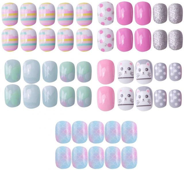 120 pcs 5 Pack Children Nails Press on Pre-glue Full Cover Short Blue ...