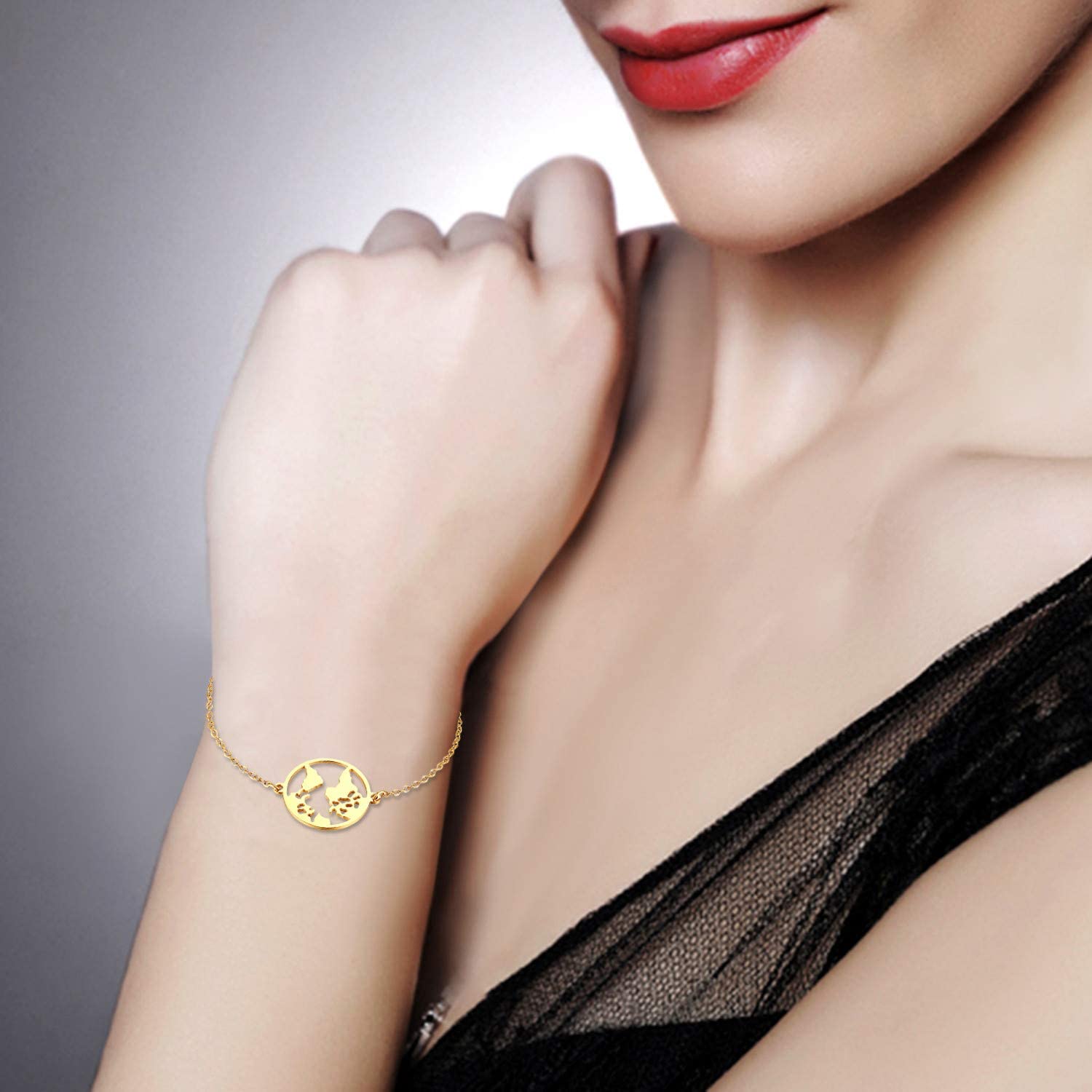 Cupimatch Adjustable Hollow World Map Bracelet Link Stainless Steel Jewelry Gift for Women Girls, Gold, 6.3 inches - Image 4