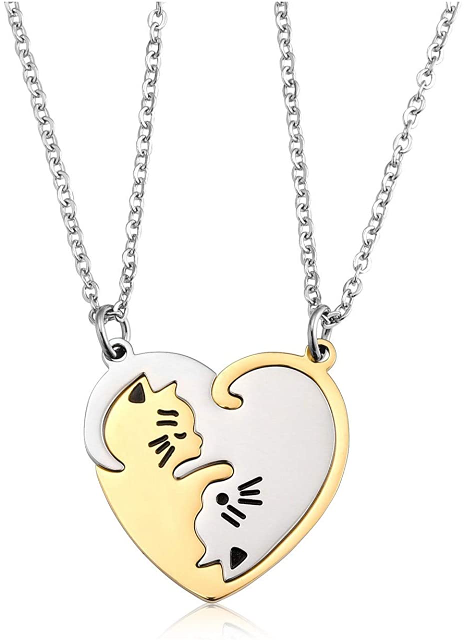 Jovivi 2pc Heart Friendship BFF Cat Necklace Best friend necklaces for 2,friendship gifts for women christmas birthday Friend Gifts