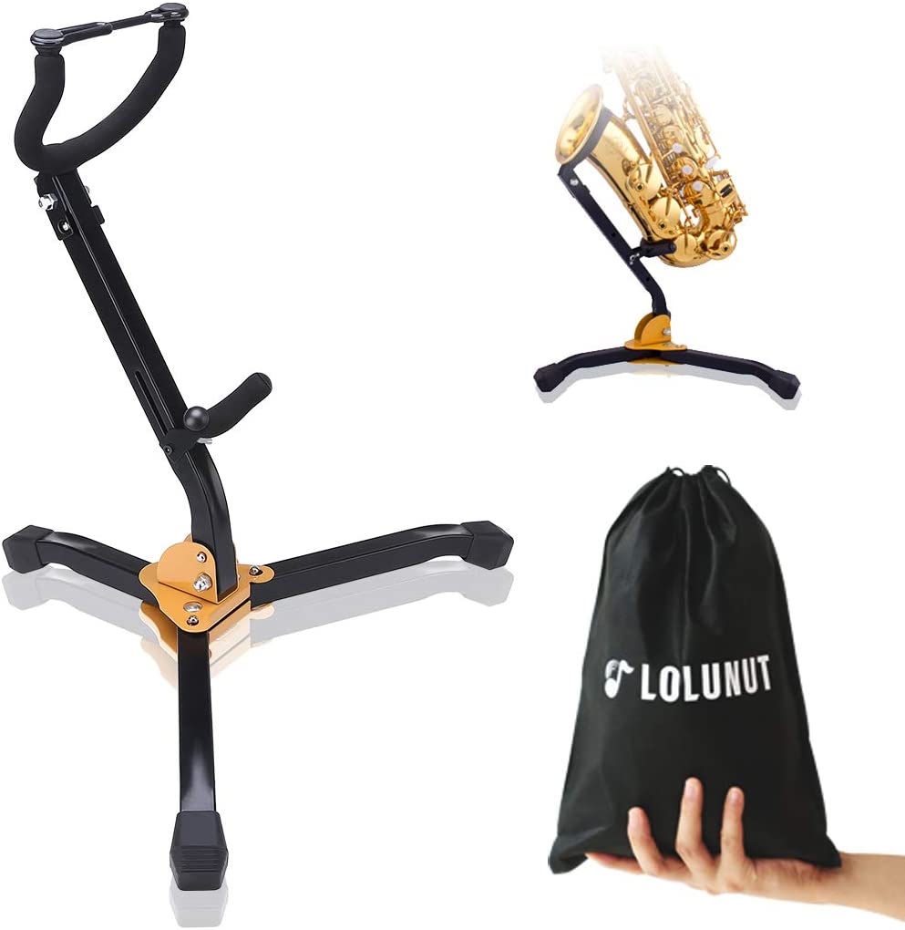LOLUNUT Saxophone Stand, Foldable Alto/Tenor Sax Stand, Adjustable Metal Triangle Base Design, Black