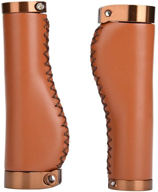 Alomejor Bicycle Handle Grips Ergonomic Design Bicycle Handlebar Grips Widen Holding Surface Leather Bike Grips For Mountain Road MTB Bike (Brown)
