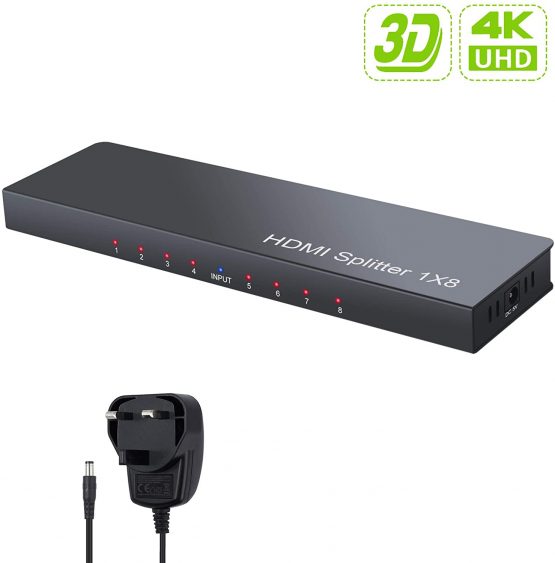 LiNKFOR 4K HDMI Splitter 1 IN 8 OUT with Certified Power Adapter 3D 8 Ports HDMI Splitter Box Metal 8 Way HDMI Splitter for PC STB PS3 Blu-Ray Player HDTV Etc