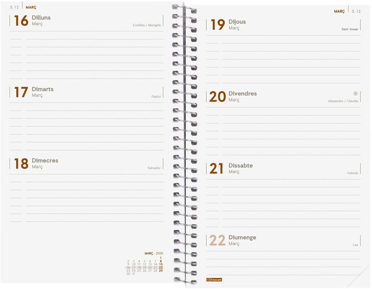 Finocam - Agenda 2020 Week View Landscape Spiral Year Turquoise Catalan, Week to view landscape format - Image 3