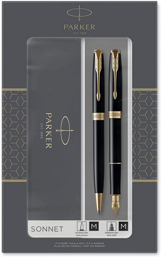 Parker Sonnet Duo Gift Set with Ballpoint Pen & Fountain Pen (18K Gold Nib), Gloss Black with Gold Trim, Black Refill & Cartridges, Gift Box