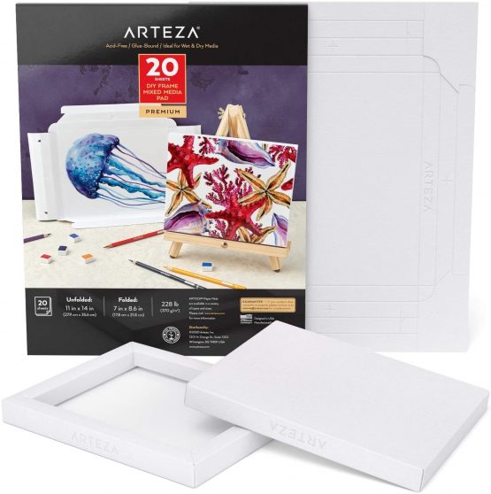 Arteza Mixed Media Sketchbook, Foldable Canvas Pad, 17.8 x 21.8 cm, 20 Sheets, Heavyweight Multimedia Paper, 228 lb, 370 gsm, Acid-Free, Wood Pulp DIY Frames for Painting & Mixed Media Art