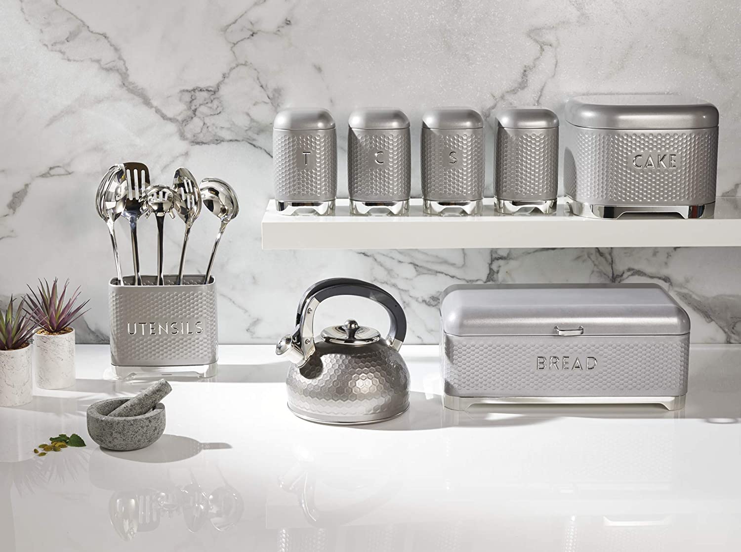 LOVELLO KitchenCraft Textured Tea/Coffee/Sugar Canisters with Geometric Hexagon Pattern, Steel, Shadow Grey, 3 Pieces - Image 3
