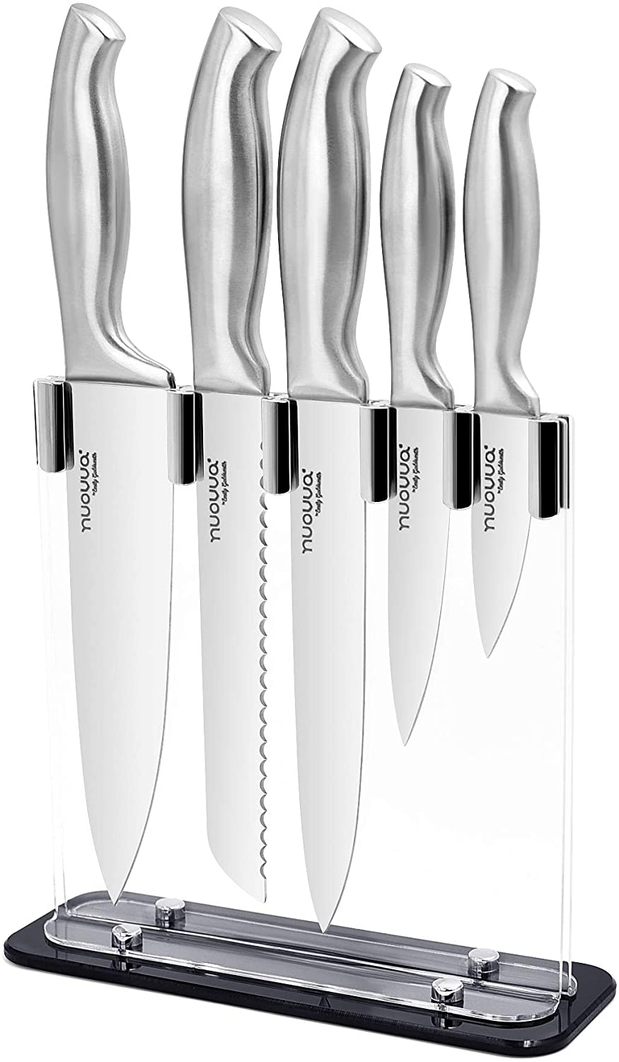 nuovva Kitchen Knife Set - Sharp Stainless Steel Kitchen Knives - 5 Pieces Durable Blades with Clear Acrylic Block - Knife Block Set