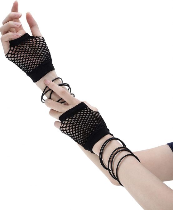 80s Fancy Dress Costume Accessories Lace Headband Earrings Fishnet Gloves Necklace Bracelet for 80s Retro Party (Black) - Image 3