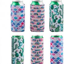 AIFUDA 6 Pcs Slim Can Cooler, Collapsible Neoprene Sleeves Insulator Covers Fits 12oz and 16oz Truly, Beer & Energy Drink Can (Cactus, Trolley, Fish Scales)
