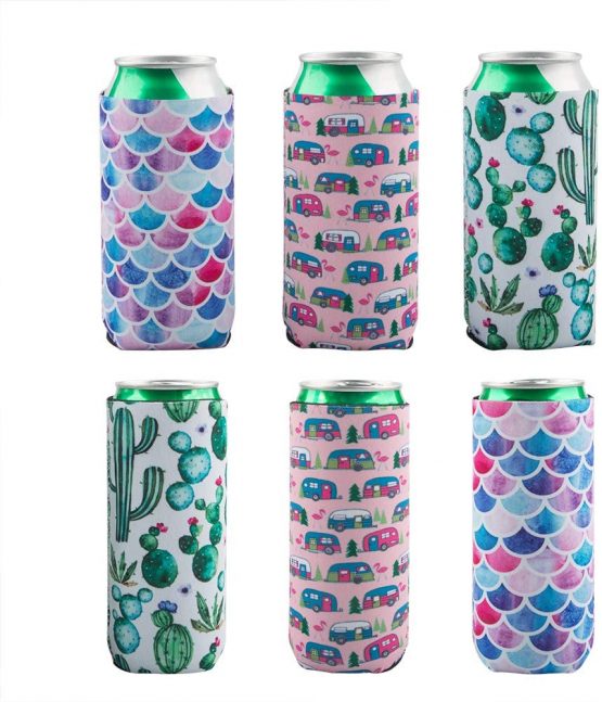 AIFUDA 6 Pcs Slim Can Cooler, Collapsible Neoprene Sleeves Insulator Covers Fits 12oz and 16oz Truly, Beer & Energy Drink Can (Cactus, Trolley, Fish Scales)