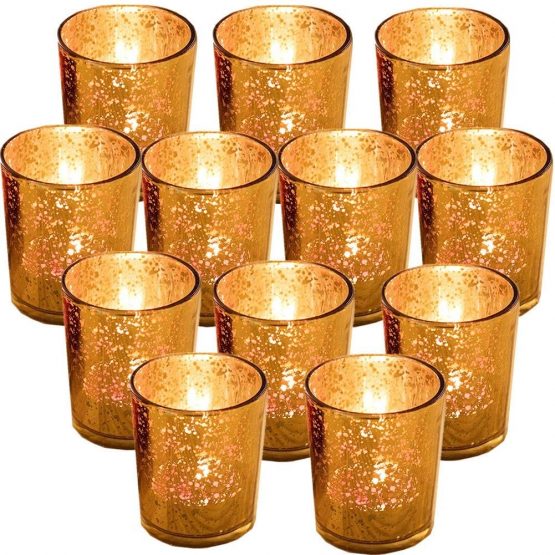 GUIFIER 12PCS Classy Mercury Glass Votive Tealight Candle Holders,Speckled Gold Candle Holder 2.67" H for Weddings, Parties and Home Decoration - Tea Light Candles are not included