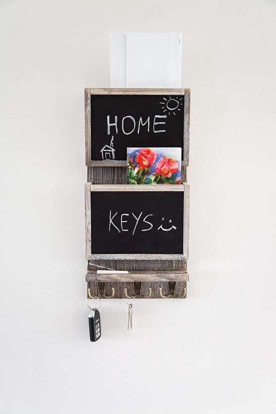 Rustic 2-Slot Mail Sorter Organizer for Wall with Chalkboard Surface & 3 Double Key Hooks - Wooden Wall Mount Mail Holder Organizer – Wall Décor for Entryway made of Paulownia Wood - Rustic White - Image 4