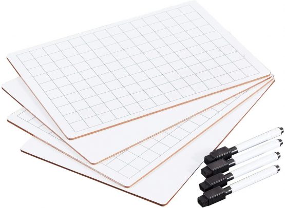 MAKELLO Small Dry Wipe White Board Class Set with 4 Pens, Plain and Grid, A4