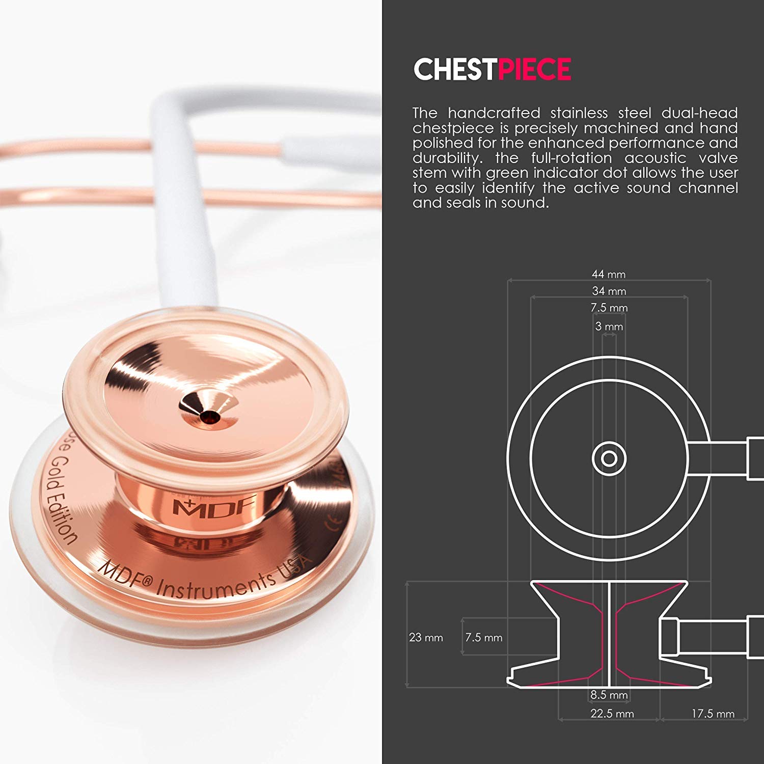 MDF Instruments, MD One Stainless Steel Premium Dual Head Stethoscopee, Adult, White Tube, RoseGold Chestpieces-Headset, MDF777RG29 - Image 2