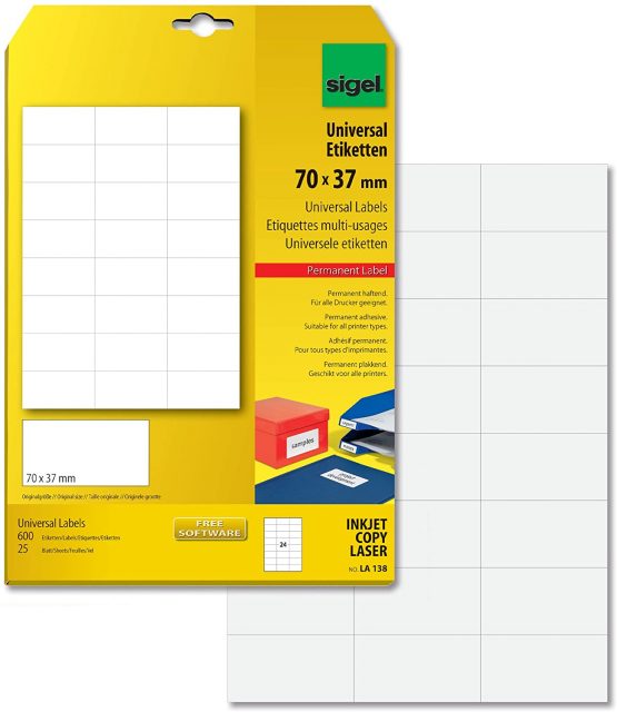 SIGEL LA138 Universal Permanent Labels, white, 7 x 3.7 cm, 600 lbl = 25 sheets, white