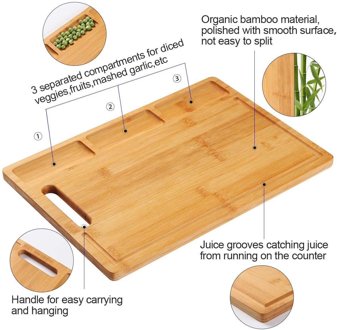 NIUXX Bamboo Cutting Board for Kitchen Chopping Board with 3 Built-in Compartments & Juice Grooves - Image 2