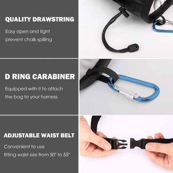 Rhino Valley Climbing Chalk Bag, No Leak Drawstring Closure Bag with Adjustable Belt, Carabiner Clip and Zippered Pockets for Climbing, Gymnastics, Cross Fit, Weight Lifting & More - Image 3