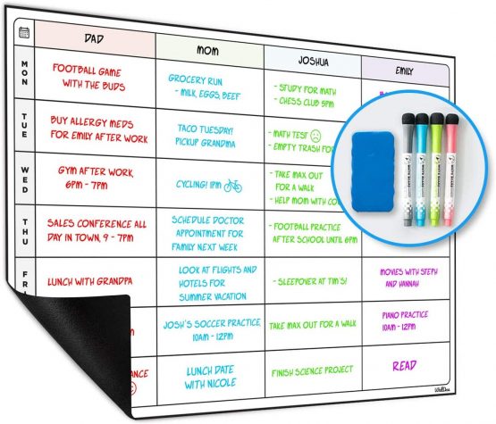 WallDeca Weekly Dry Erase Board - with 4 Color Markers and A Bonus Eraser, 43 x 30 cm Magnetic Weekly Calendar for Fridge - Ideal to Plan Your Tasks