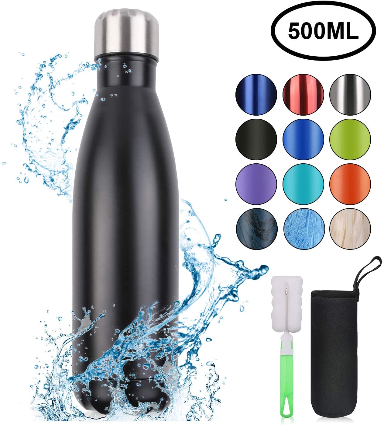 flintronic Stainless Steel Water Bottle,500ml Double Walled Vacuum