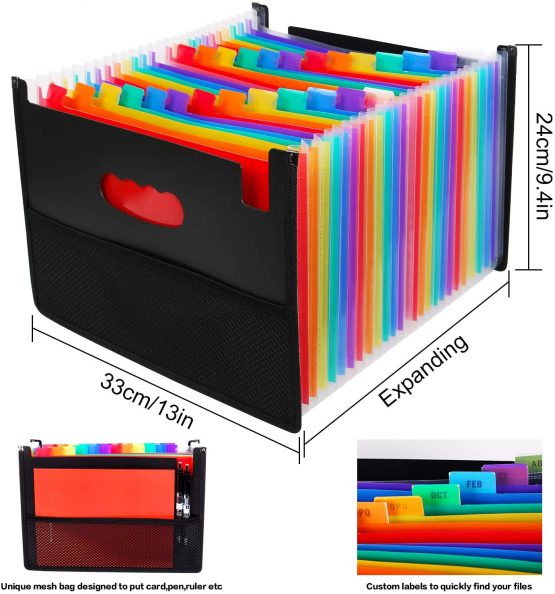 26 Pockets Expanding File Organisers,A4 Filing Boxes Document Organiser,Expandable File Folder with Mesh Bag,Accordion Desk Folders Expander,Portable Files Wallets Plastic Documents Bills Storage Box - Image 3