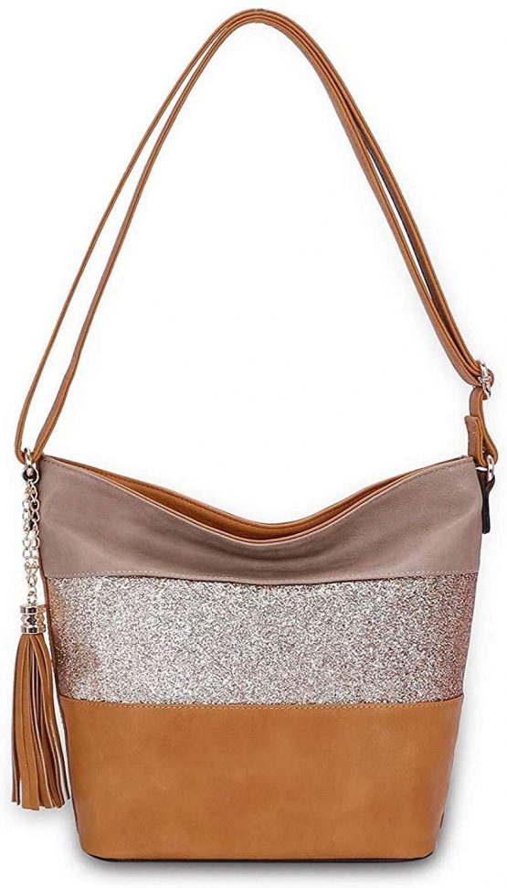 CRAZYCHIC - Women's Glitter Crossbody Bag - Hobo Bucket Bag Striped PU Leather - Shoulder Messenger Handbag Sparkle - Evening Clutch Party Bag - Tote Purse Casual Fashion Travel City - Coffee