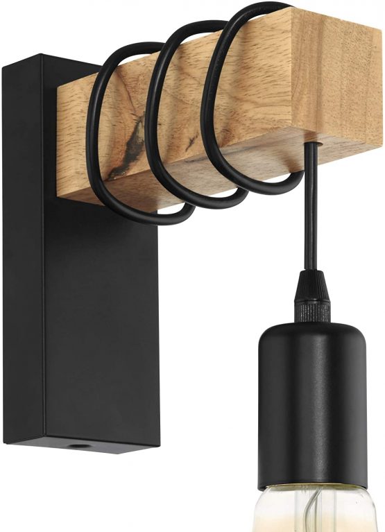 EGLO TOWNSHEND wall light, 1-flame vintage wall light with an industrial design, retro light made of steel and wood, Colour: Black, brown, Socket: E27 - Image 4