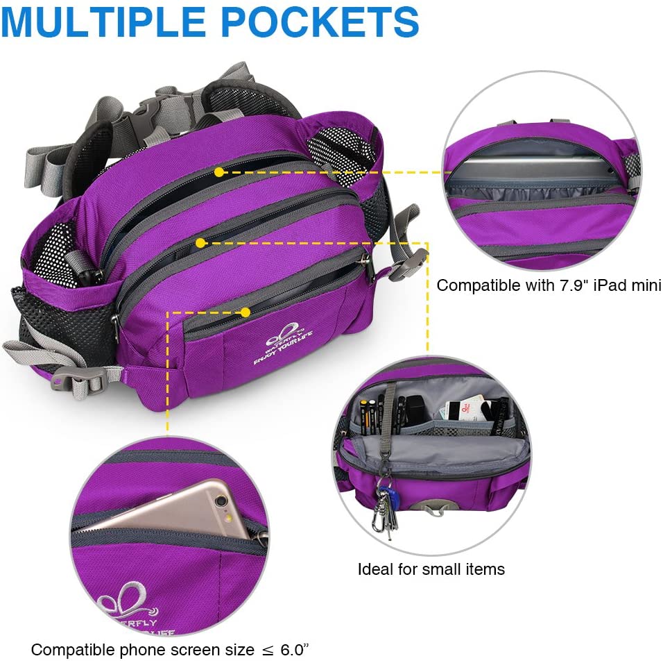 Waterfly Hiking Waist Pack Bum Bag Waist Bag with Bottle Holder Running Bag for Camping Climbing Travel Cycling and Dog Walking Purple - Image 4