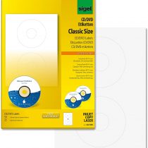 SIGEL LA525 Universal CD/DVD Labels with centering aid, Ø 11.7 cm (center Ø 4.1 cm) , 50 lbl = 25 sheets, white