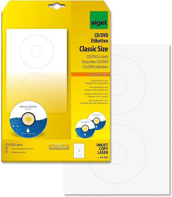 SIGEL LA525 Universal CD/DVD Labels with centering aid, Ø 11.7 cm (center Ø 4.1 cm) , 50 lbl = 25 sheets, white