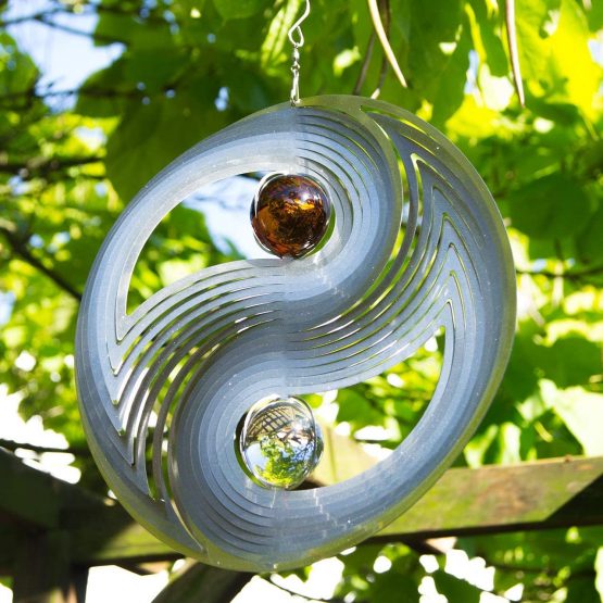 MIC CIM Stainless steel wind spinner - YIN YANG 300 - Dimension: Ø30cm, balls: 2xØ5cm - mit glass balls, ball-bearing, hook und 1m nylon cord - Image 2