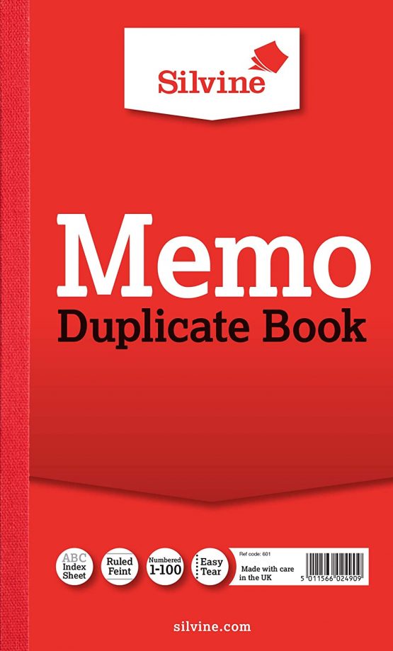 Silvine Duplicate Memo Book - Numbered 1-100 with index sheet (211.5 x 125.5mm) [Pack of 6]