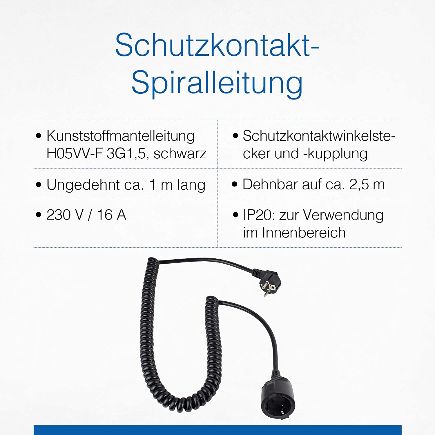Schwabe Protective Contact Coiled Cord, Stretchable to 2.5 Meters, IP20 Interior, 70410, Black - Image 3