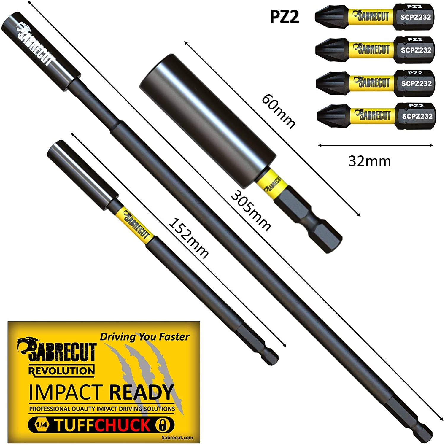 7 Piece SabreCut SCRK7 Magnetic 60mm 152mm and 305mm Professional Impact Bit Holders with 4 x 32mm PZ2 Screwdriver Impact Bits - Image 2