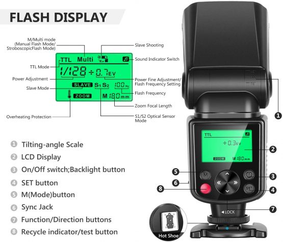Neewer 750II TTL Flash Speedlite with LCD Display for Nikon D7200 D7100 D7000 D5500 D5300 D5200 D5100 D5000 D3300 D3200 D3100 D3000 D700 D600 D500 D90 D80 D70 D60 D50 and Other Nikon DSLR Cameras - Image 3