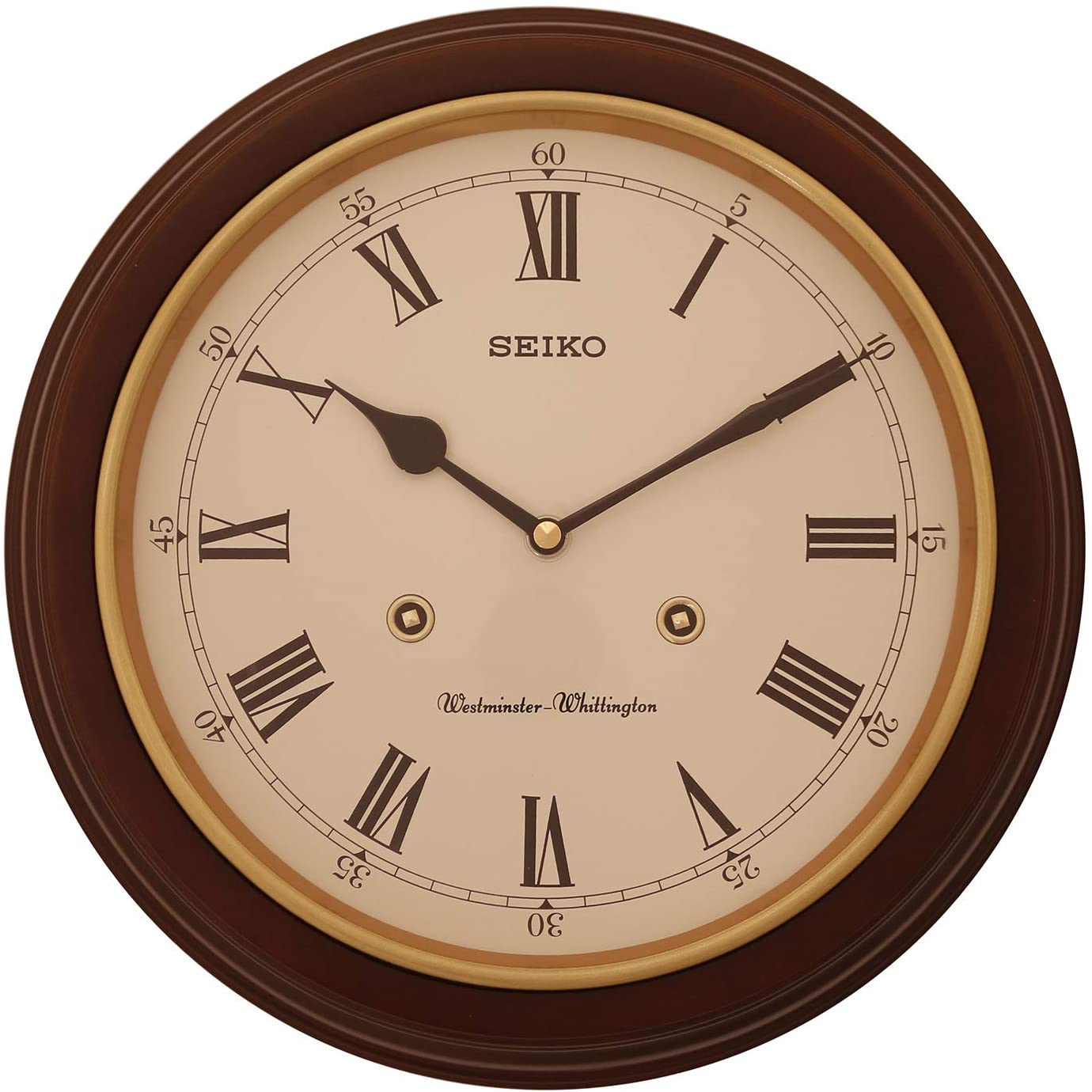 Seiko Station Clock QXH202B RRP: 31.4 x 31.4 x 6.1cm * Westminster chime * On/off switch * Alder case, Dark Brown, 31,4 x 31,4 x 6,1 cm