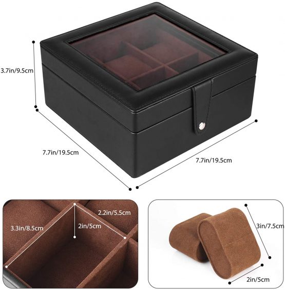 SHYOSUCCE 6 Slots Watches Storage Box with Clear Glass Window, Removable Velvet Pillow, PU Leather Watches Display Box, Black(7.7x7.7x3.7 Inch) - Image 4