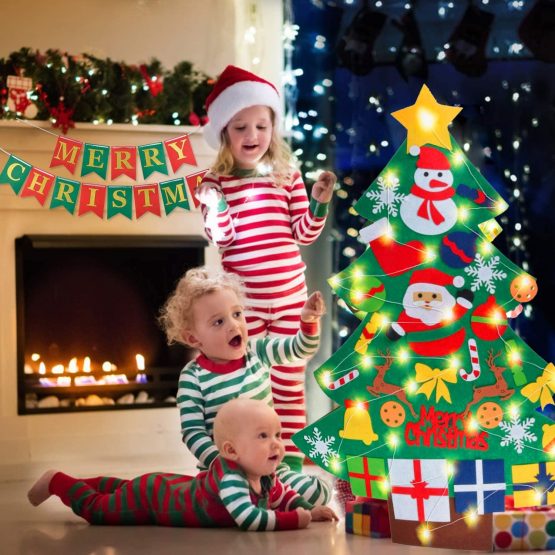 Xndryan Felt Christmas Tree, 3.28ft DIY Christmas Tree Felt Xmas Tree with LED String Lights 30Pcs Ornaments, Wall Mount Christmas Tree Children's Felt Christmas Tree, Funny Xmas Gifts for Kids - Image 2