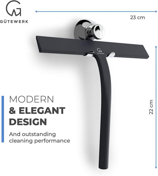 GÜTEWERK shower squeegee black 9 in - incl. chrome suction cup hook - stainless steel core - silicone rubber squeegees for bathroom cleaning - window screen wiper cleaner glass scraper blade showers - Image 3