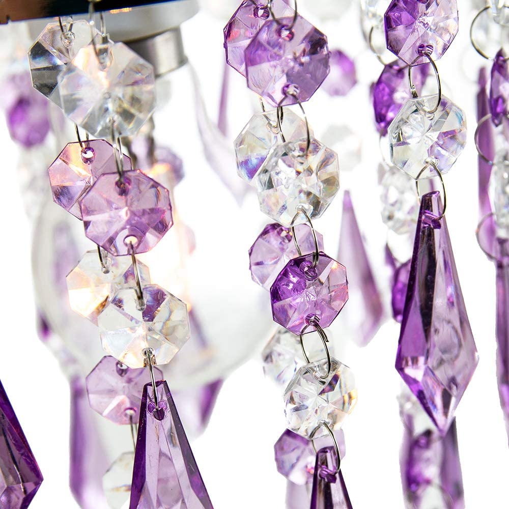 Modern Waterfall Design Easy Fit Pendant Shade with Clear/Purple Acrylic Droplets and Beads - Chrome Metal Rings - 16cm Diameter by Happy Homewares - Image 3