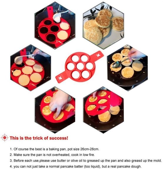Pancake Molds Silicone Baking Mould Egg Maker Pancake Flipper Egg Ring Nonstick Silicone Round Egg Rings (Red 7 holes) - Image 2