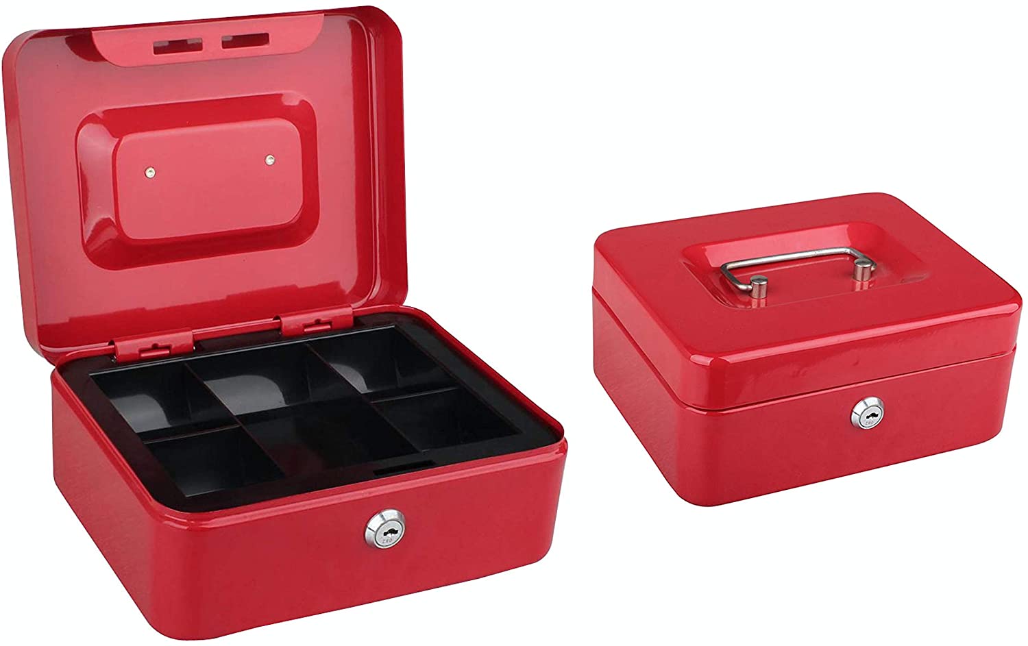 Tech Traders TTCB 8-Inch Metal Cash Box with Money Tray- 2 Keys, Red, Size 8" x 6" x 3.5"
