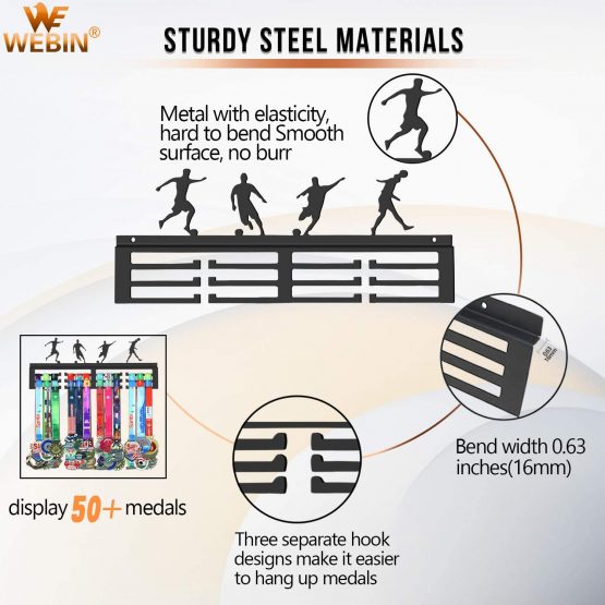 WEBIN Soccer Medal Hanger Display Rack,Awards Holder,Sturdy Black Steel Metal,Wall Mount Over 50 Medals Easy to Install - Image 3
